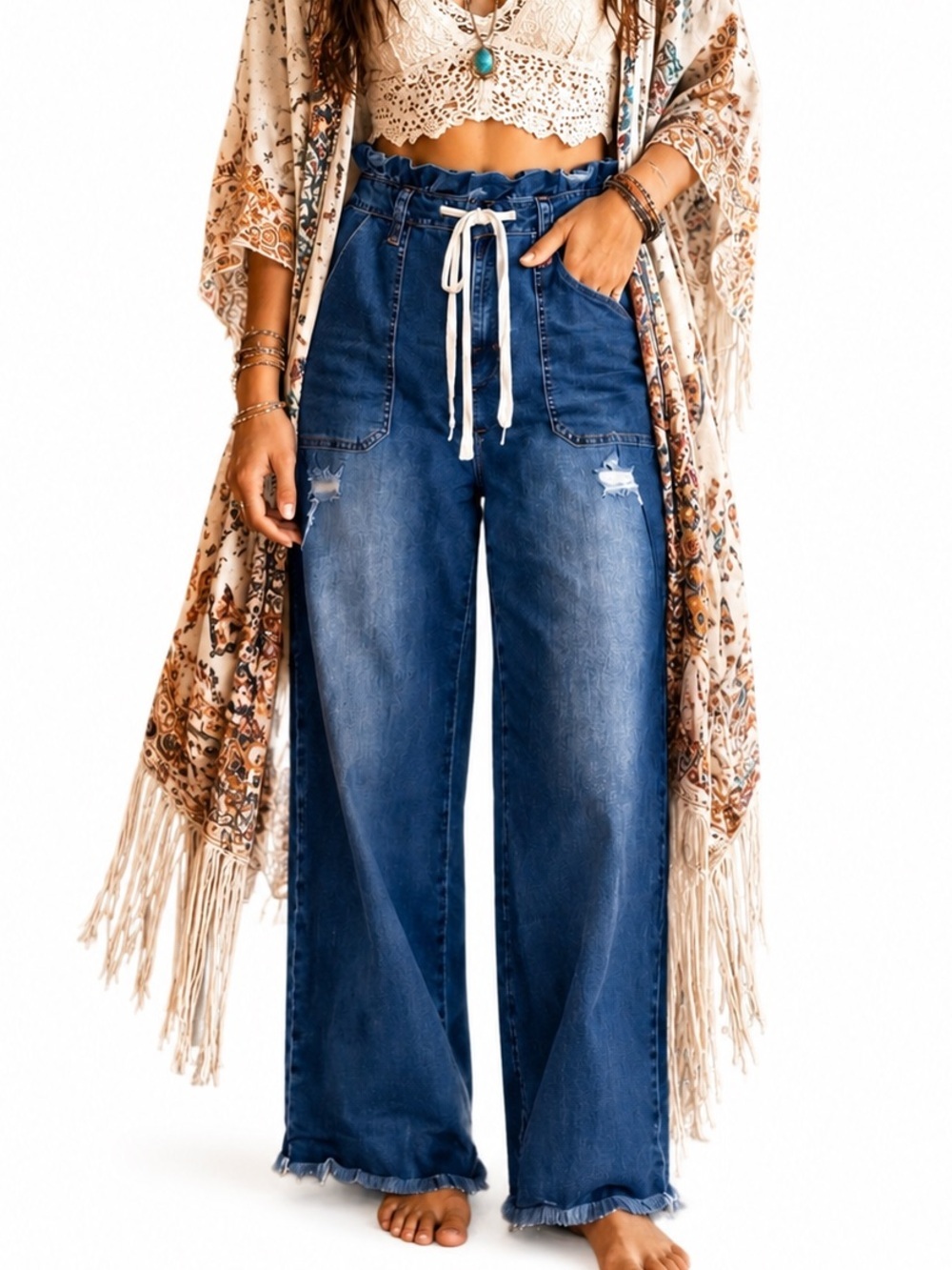 BLUE TURTLE HIGH-WAISTED WIDE LEG BAGGY DISTRESSED DRAW STING JEANS SZ 7 Juniors